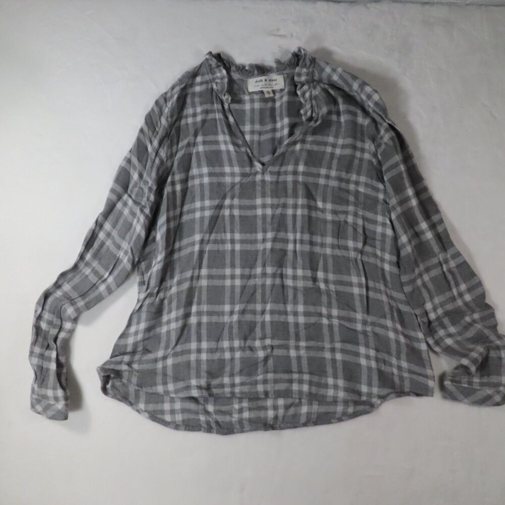 Cloth & Stone Anthropologie Gray Plaid Metallic Ruffle Neck Blouse Top Medium